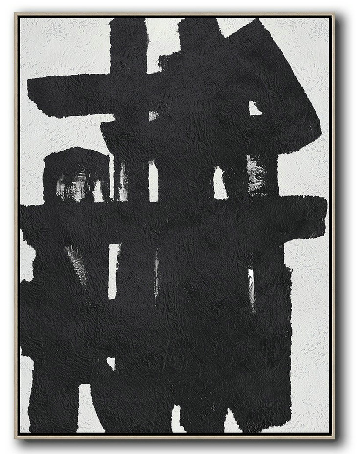 Large Abstract Art Handmade Oil Painting,Black And White Minimal Painting On Canvas - Giant Wall Decor